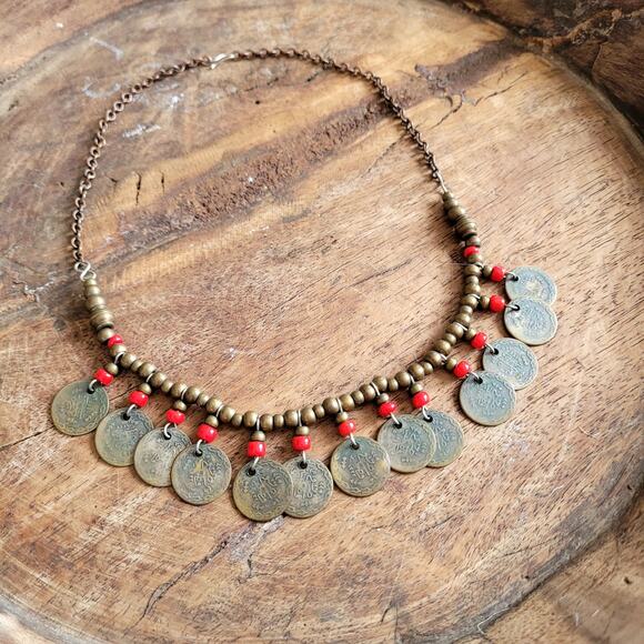 Other Jewelry - Vtg Coin Beaded Necklace Brass Ethnic